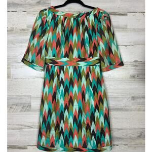 Milly of New York women size 4 100% Silk Resort Chevron Midi Dress Green Orange